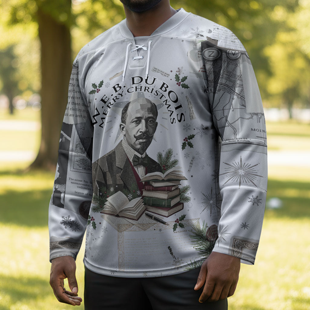 W.E.B. Du Bois Christmas Hockey Jersey Think Deeper Quote Vintage Portrait Newspaper Collage Festive