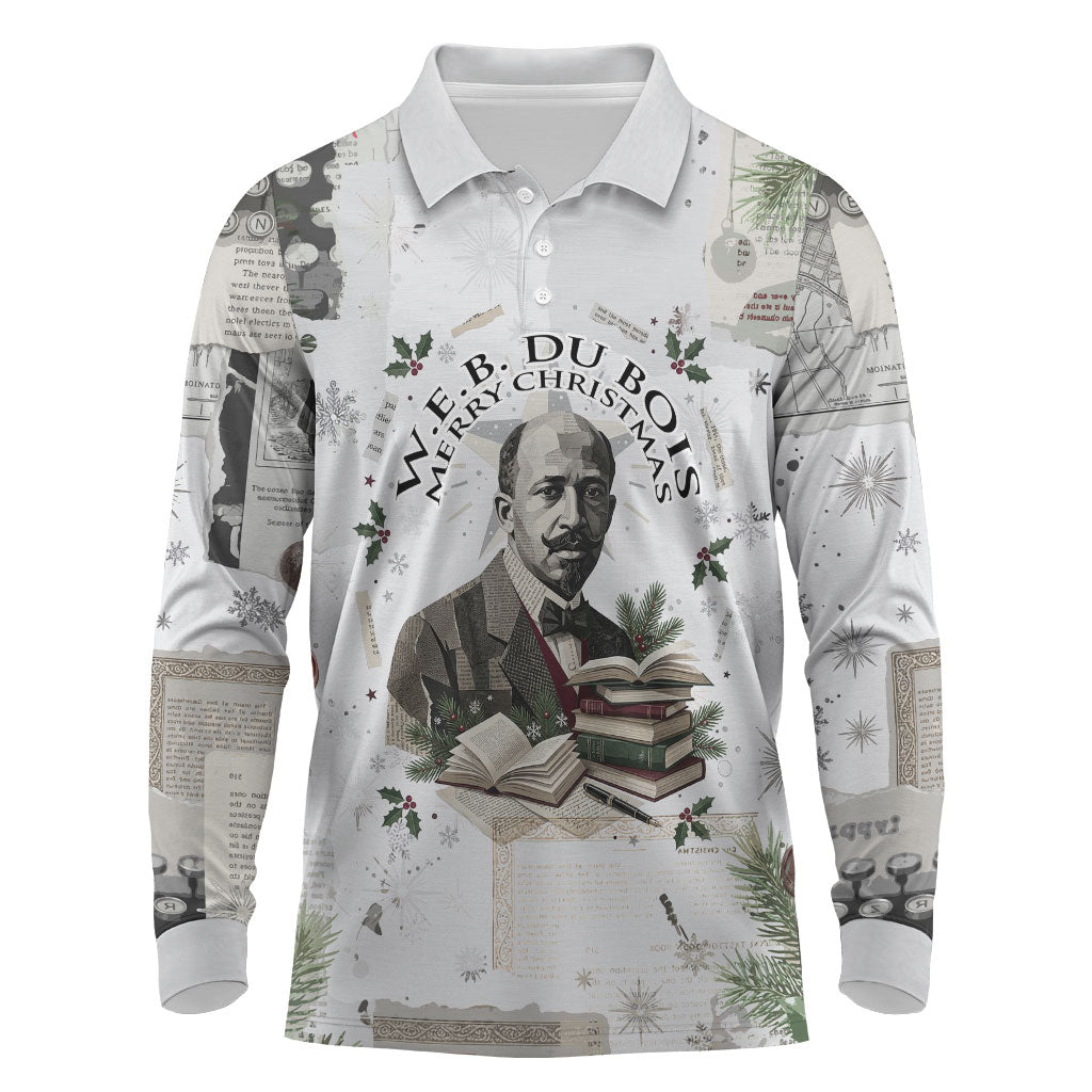 W.E.B. Du Bois Christmas Long Sleeve Polo Shirt Think Deeper Quote Vintage Portrait Newspaper Collage Festive