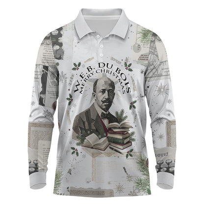 W.E.B. Du Bois Christmas Long Sleeve Polo Shirt Think Deeper Quote Vintage Portrait Newspaper Collage Festive