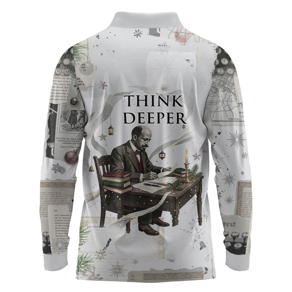W.E.B. Du Bois Christmas Long Sleeve Polo Shirt Think Deeper Quote Vintage Portrait Newspaper Collage Festive