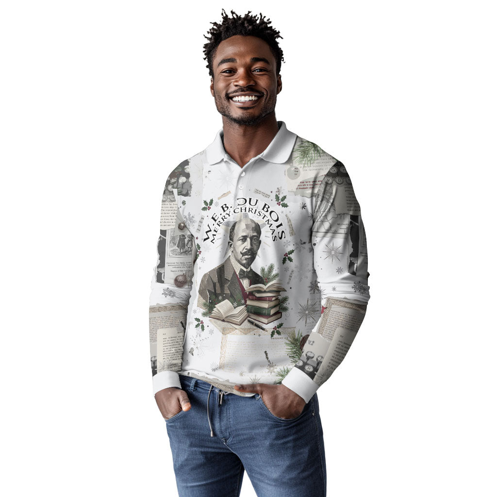 W.E.B. Du Bois Christmas Long Sleeve Polo Shirt Think Deeper Quote Vintage Portrait Newspaper Collage Festive