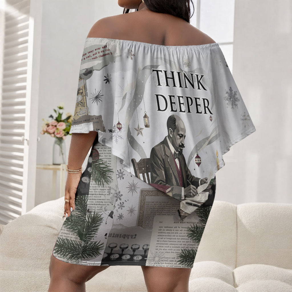 W.E.B. Du Bois Christmas Off Shoulder Short Dress Think Deeper Quote Vintage Portrait Newspaper Collage Festive