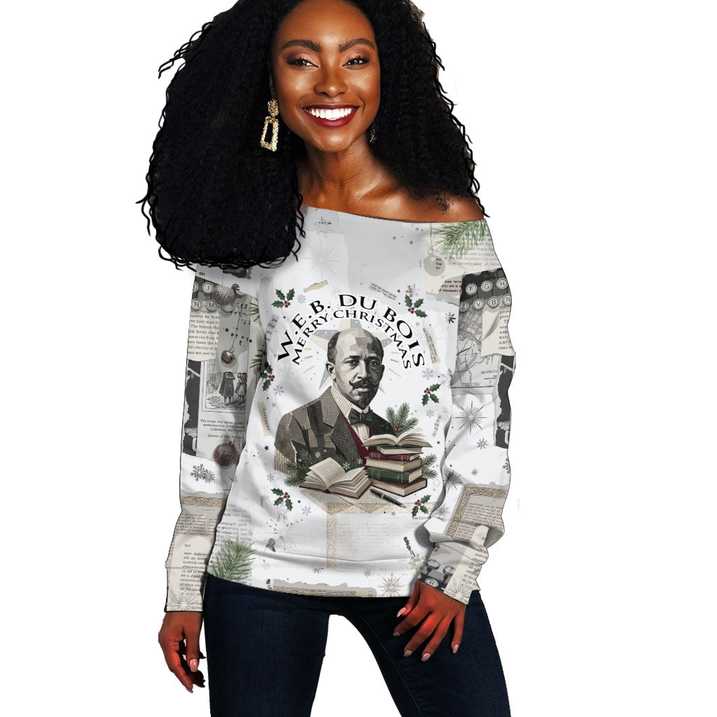 W.E.B. Du Bois Christmas Off Shoulder Sweater Think Deeper Quote Vintage Portrait Newspaper Collage Festive