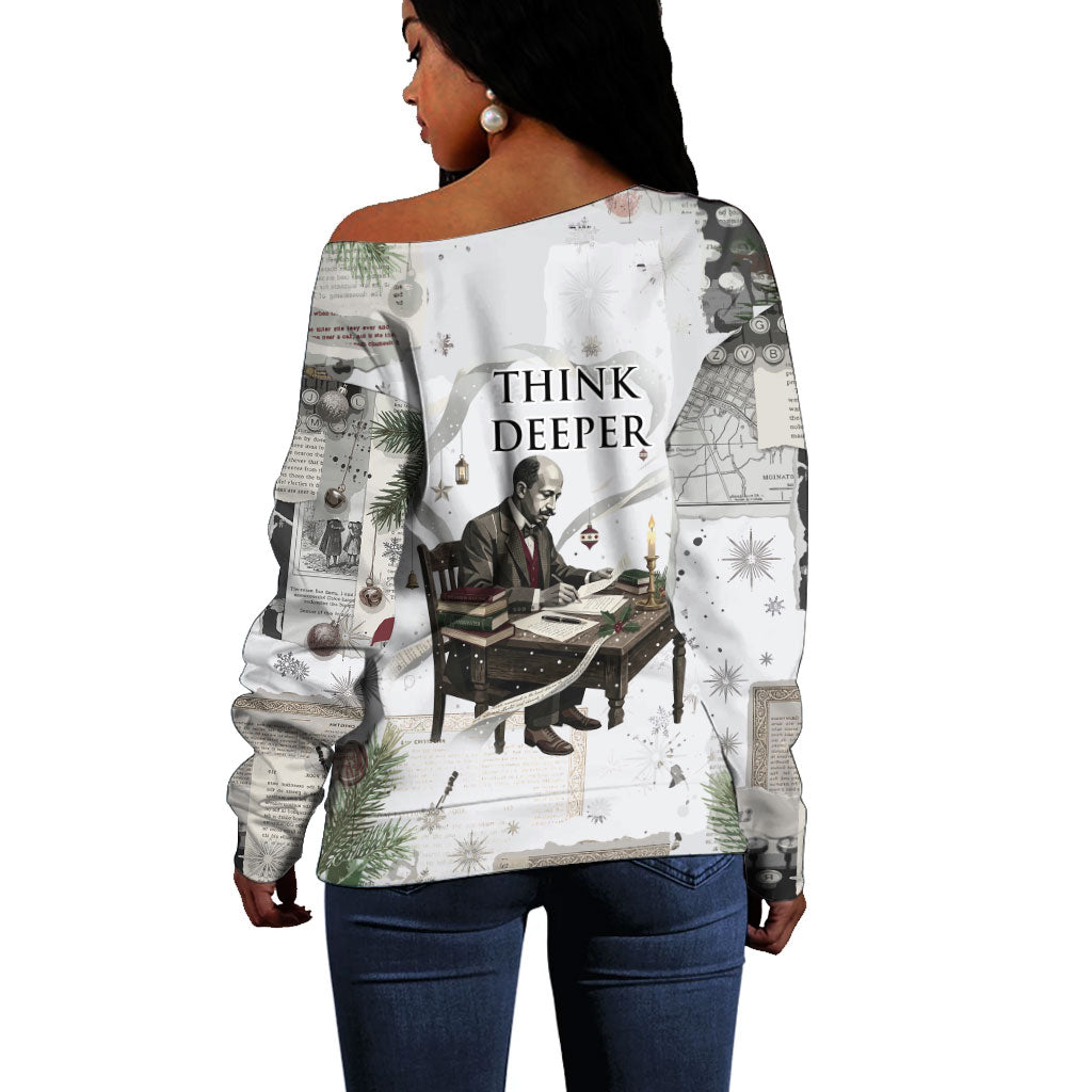 W.E.B. Du Bois Christmas Off Shoulder Sweater Think Deeper Quote Vintage Portrait Newspaper Collage Festive
