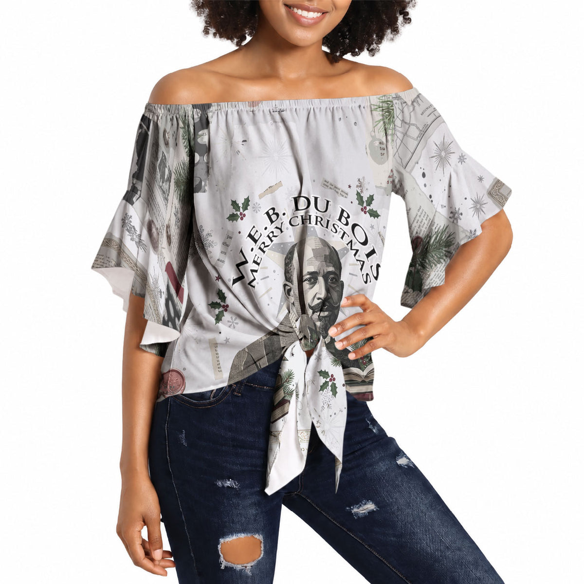 W.E.B. Du Bois Christmas Off Shoulder Wrap Waist Top Think Deeper Quote Vintage Portrait Newspaper Collage Festive