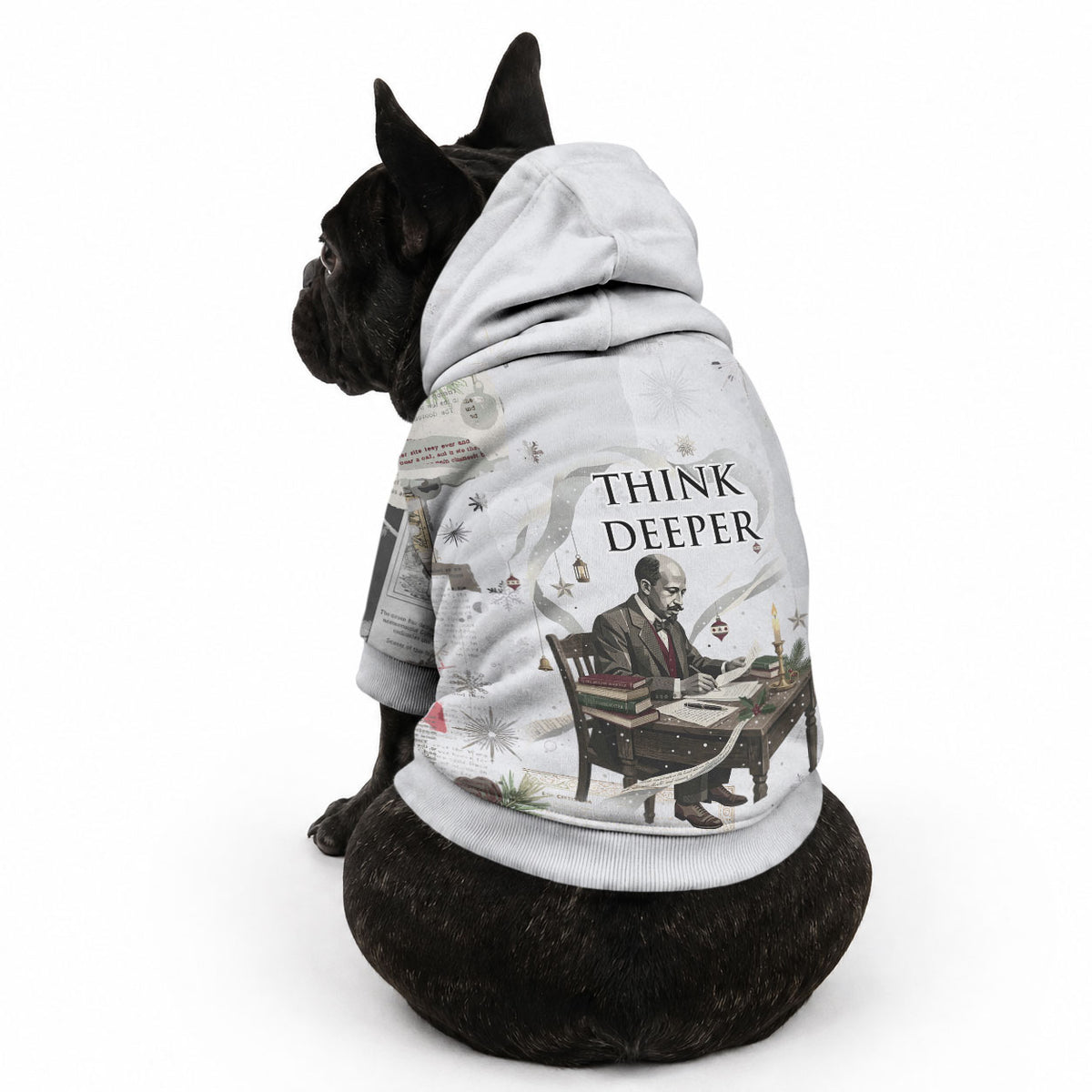 W.E.B. Du Bois Christmas Pet Hoodie Think Deeper Quote Vintage Portrait Newspaper Collage Festive