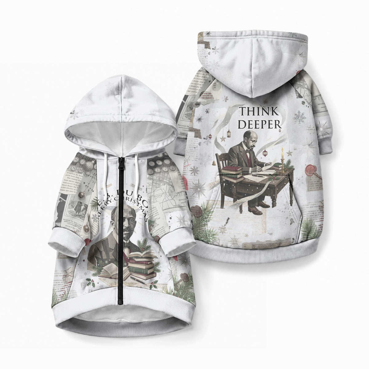 W.E.B. Du Bois Christmas Pet Hoodie Think Deeper Quote Vintage Portrait Newspaper Collage Festive