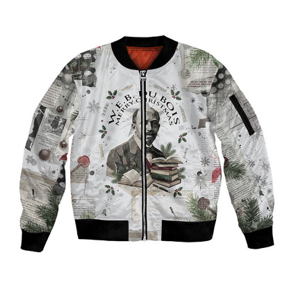 W.E.B. Du Bois Christmas Sleeve Zip Bomber Jacket Think Deeper Quote Vintage Portrait Newspaper Collage Festive