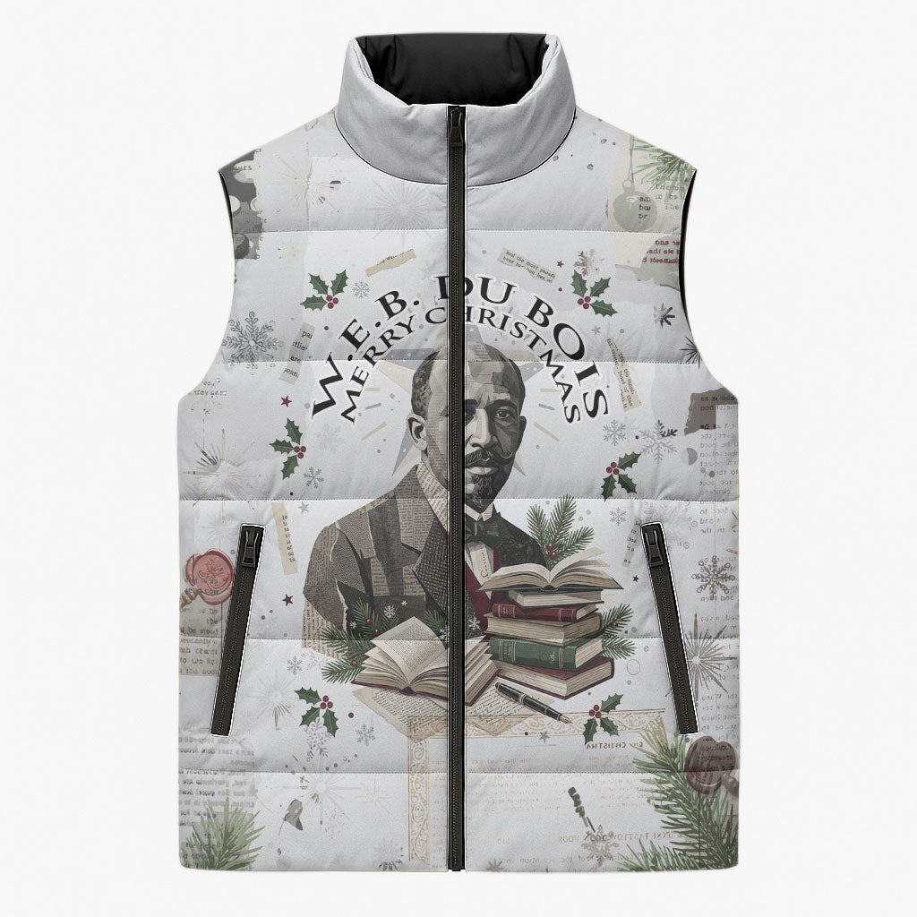 W.E.B. Du Bois Christmas Sleeveless Puffer Jacket Think Deeper Quote Vintage Portrait Newspaper Collage Festive
