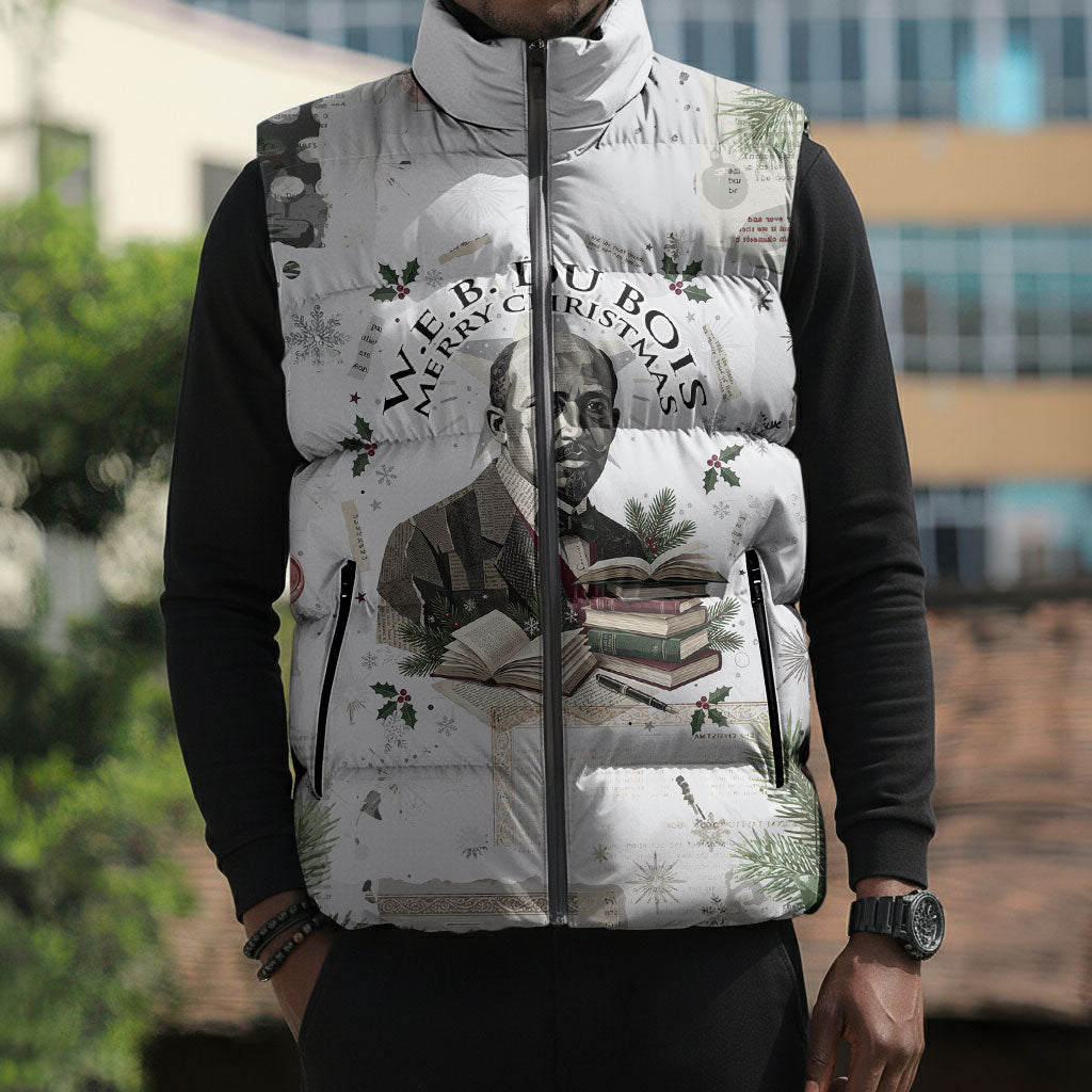 W.E.B. Du Bois Christmas Sleeveless Puffer Jacket Think Deeper Quote Vintage Portrait Newspaper Collage Festive