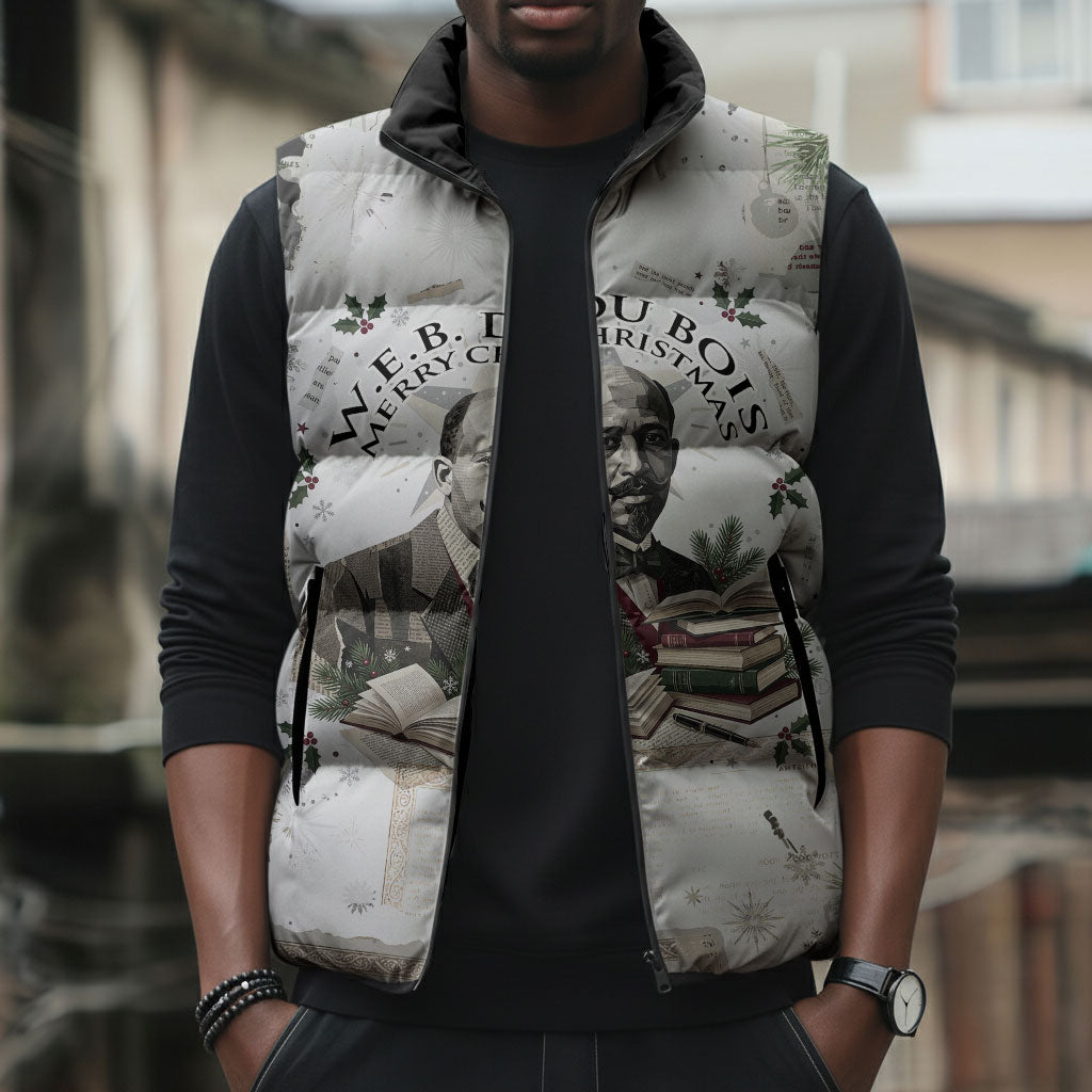 W.E.B. Du Bois Christmas Sleeveless Puffer Jacket Think Deeper Quote Vintage Portrait Newspaper Collage Festive