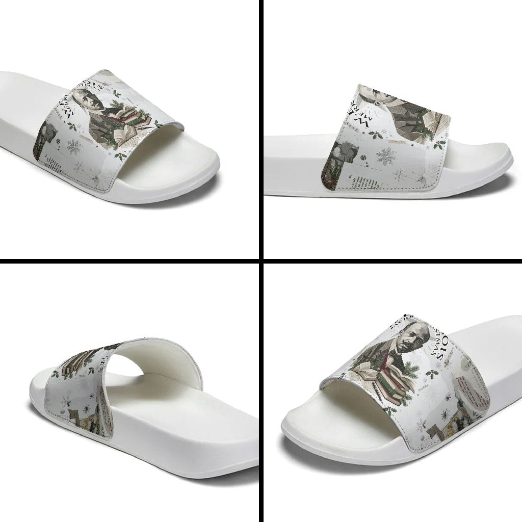 W.E.B. Du Bois Christmas Slide Sandals Think Deeper Quote Vintage Portrait Newspaper Collage Festive