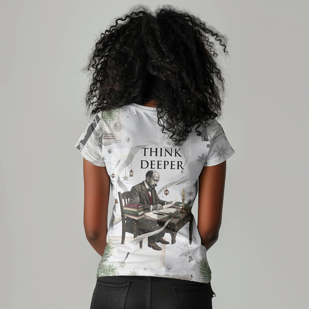 W.E.B. Du Bois Christmas Women V-Neck T-Shirt Think Deeper Quote Vintage Portrait Newspaper Collage Festive