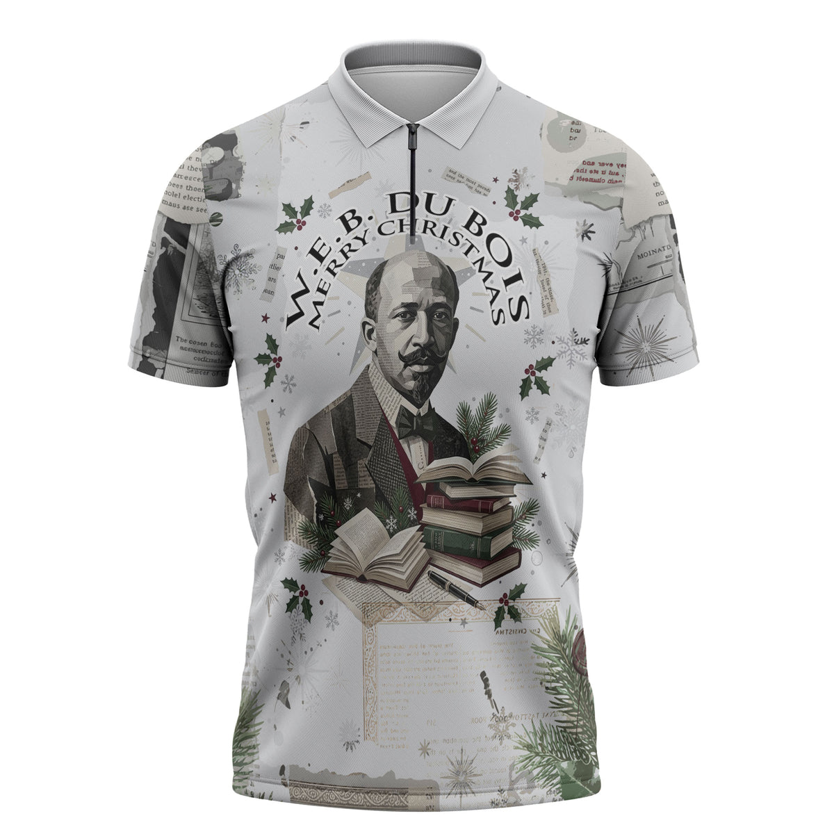 W.E.B. Du Bois Christmas Zipper Polo Shirt Think Deeper Quote Vintage Portrait Newspaper Collage Festive