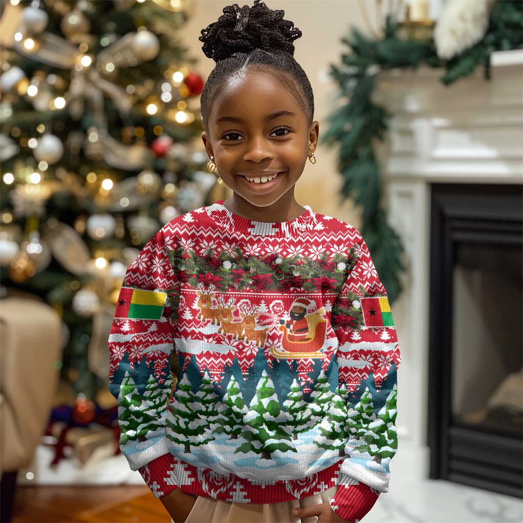 Guinea Bissau Christmas Kid Ugly Christmas Sweater Santa Sleigh Reindeer Forest and National Flag - African Pride