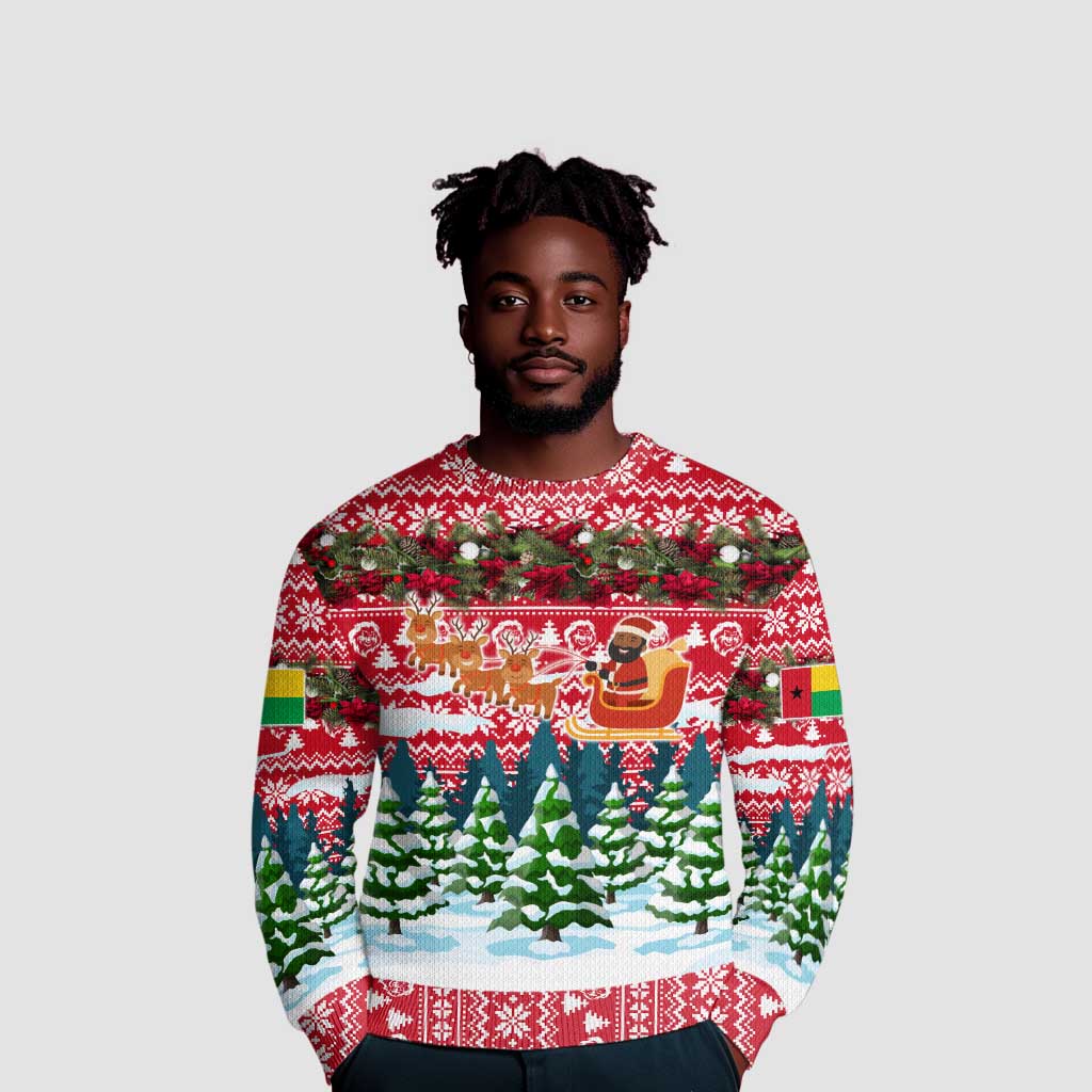 Guinea Bissau Christmas Ugly Christmas Sweater Santa Sleigh Reindeer Forest and National Flag - African Pride