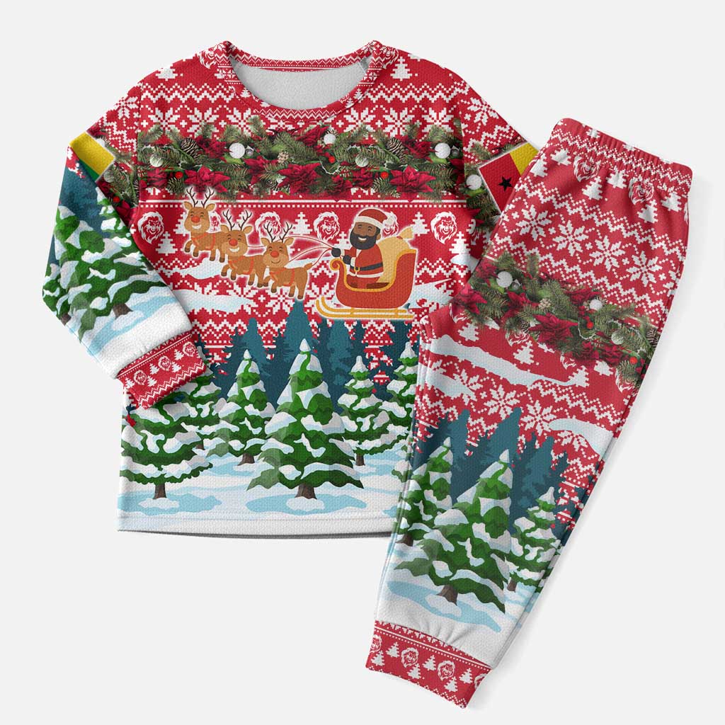 Guinea Bissau Christmas Pajama Set Santa Sleigh Reindeer Forest and National Flag - African Pride