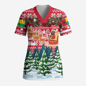 Guinea Bissau Christmas Scrub Top Santa Sleigh Reindeer Forest and National Flag - African Pride