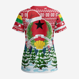 Guinea Bissau Christmas Scrub Top Santa Sleigh Reindeer Forest and National Flag - African Pride
