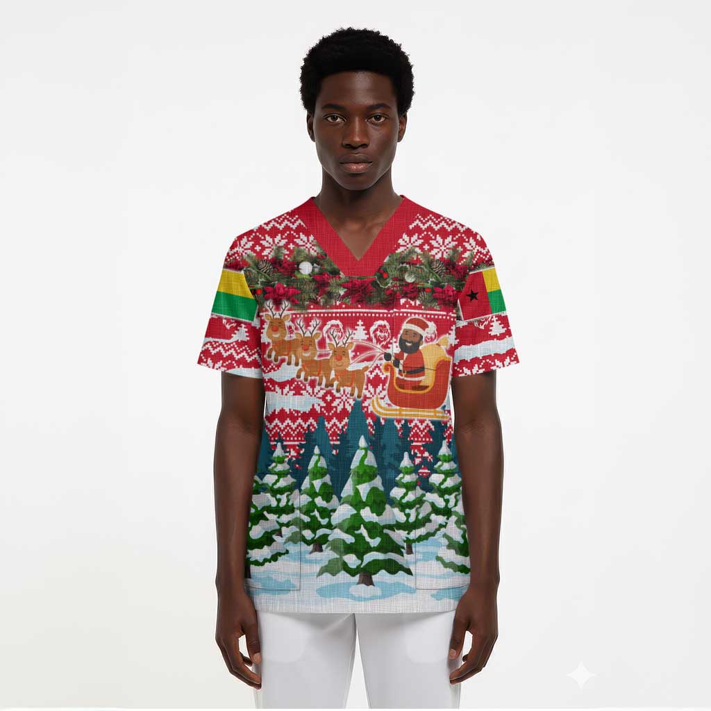 Guinea Bissau Christmas Scrub Top Santa Sleigh Reindeer Forest and National Flag - African Pride