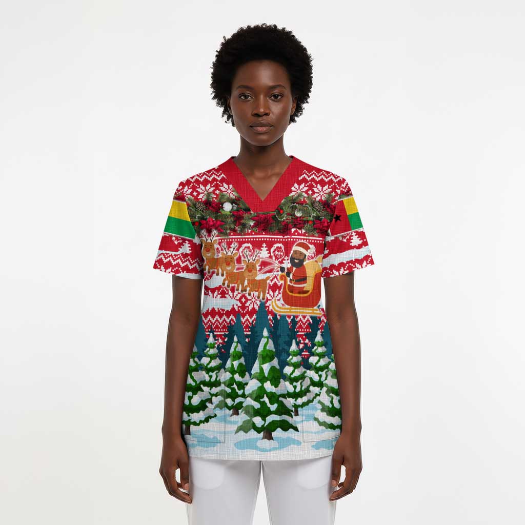 Guinea Bissau Christmas Scrub Top Santa Sleigh Reindeer Forest and National Flag - African Pride