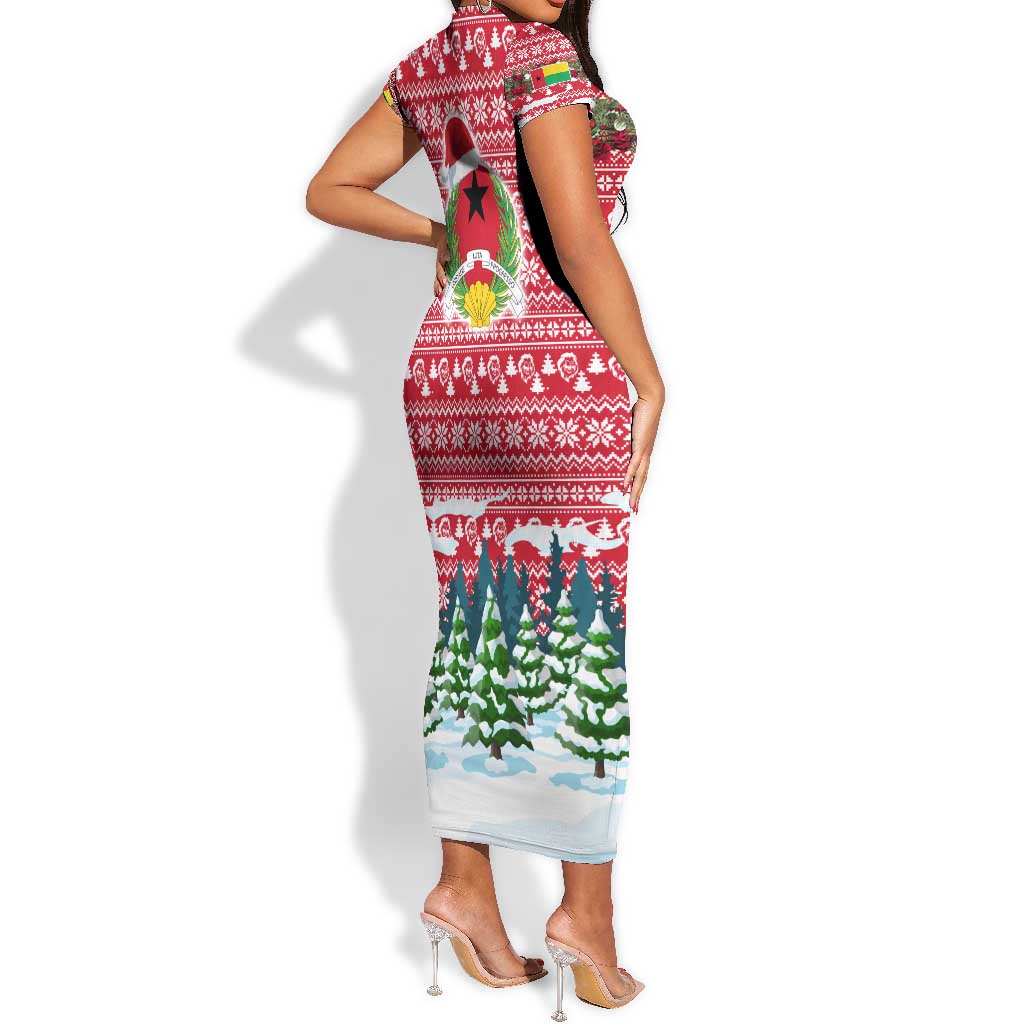 Guinea Bissau Christmas Short Sleeve Bodycon Dress Santa Sleigh Reindeer Forest and National Flag - African Pride