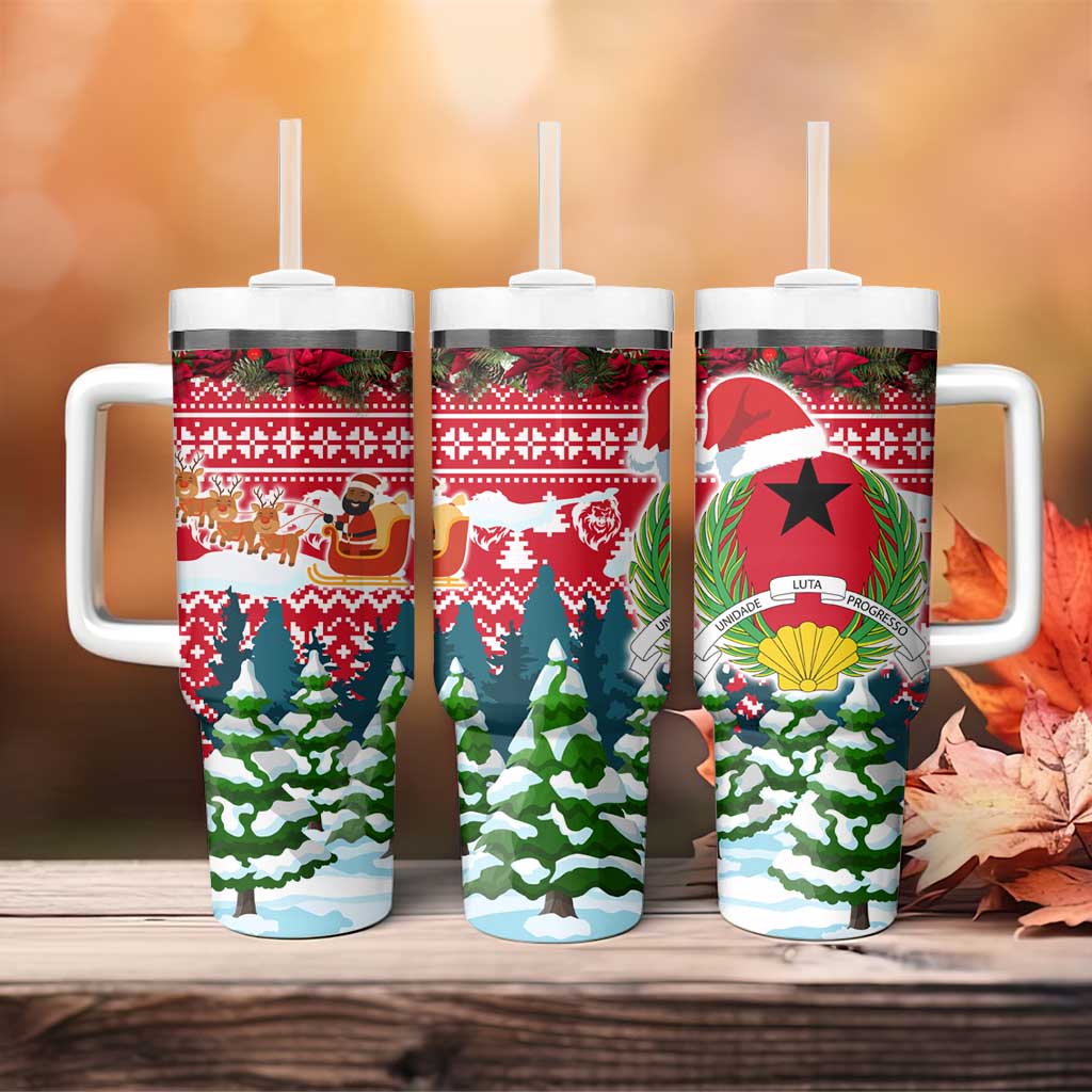 Guinea Bissau Christmas Tumbler With Handle Santa Sleigh Reindeer Forest and National Flag - African Pride
