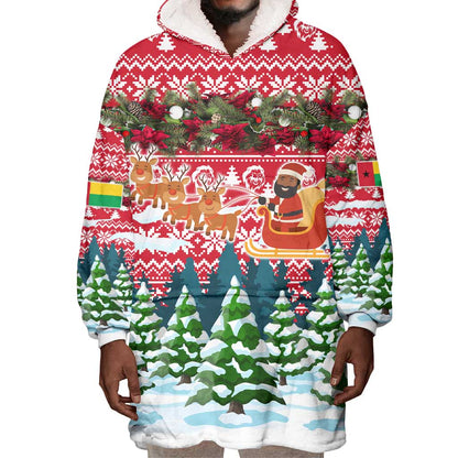 Guinea Bissau Christmas Wearable Blanket Hoodie Santa Sleigh Reindeer Forest and National Flag - African Pride