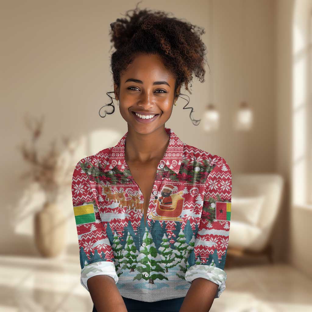 Guinea Bissau Christmas Women Casual Shirt Santa Sleigh Reindeer Forest and National Flag - African Pride