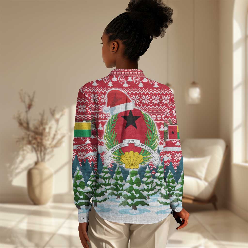 Guinea Bissau Christmas Women Casual Shirt Santa Sleigh Reindeer Forest and National Flag - African Pride