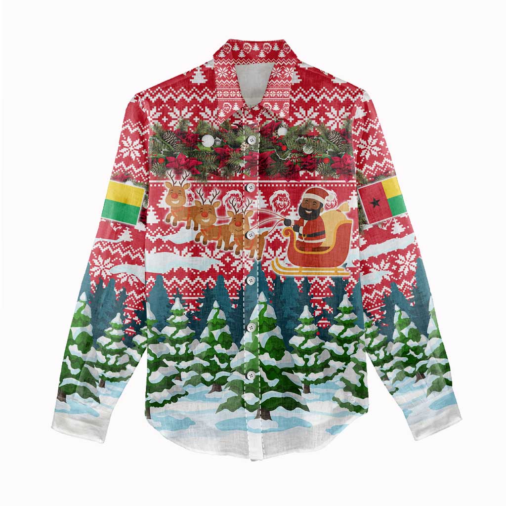 Guinea Bissau Christmas Women Casual Shirt Santa Sleigh Reindeer Forest and National Flag - African Pride