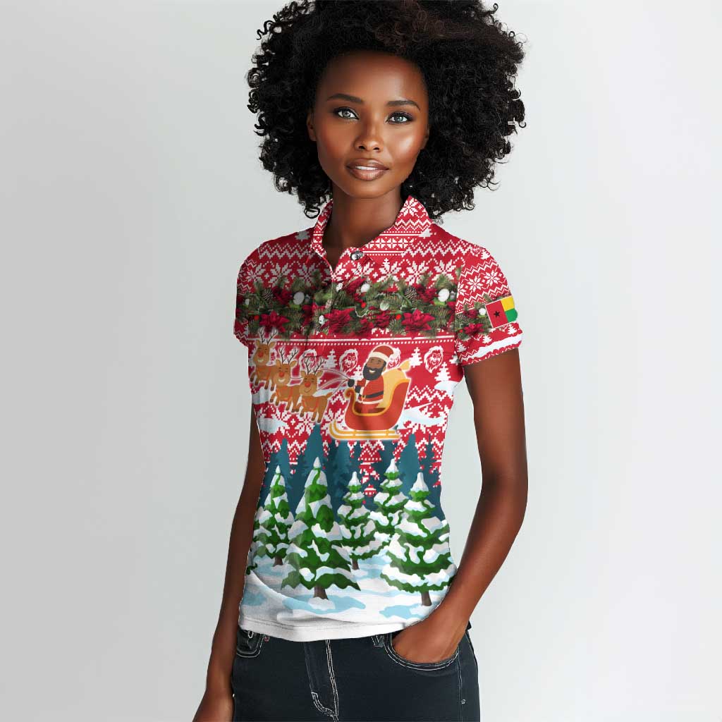 Guinea Bissau Christmas Women Polo Shirt Santa Sleigh Reindeer Forest and National Flag - African Pride
