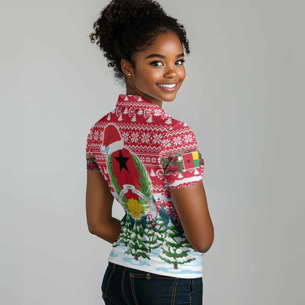 Guinea Bissau Christmas Women Polo Shirt Santa Sleigh Reindeer Forest and National Flag - African Pride