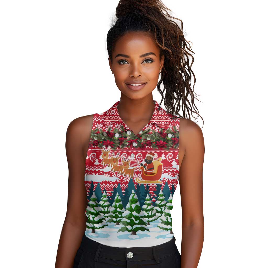 Guinea Bissau Christmas Women Sleeveless Polo Shirt Santa Sleigh Reindeer Forest and National Flag - African Pride