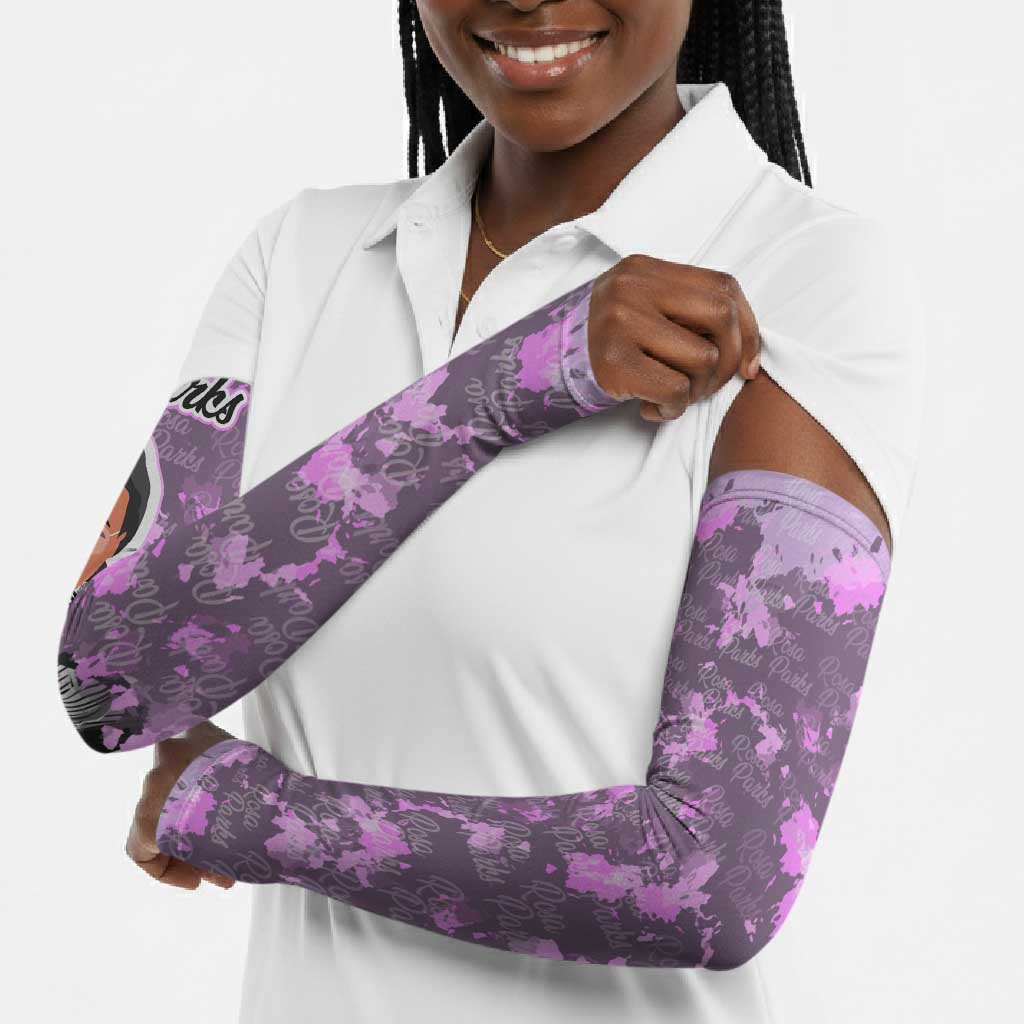 Rosa Parks Arm Sleeves Purple Floral Pattern Civil Rights Tribute Bold Name Repeated Text Design - African Pride