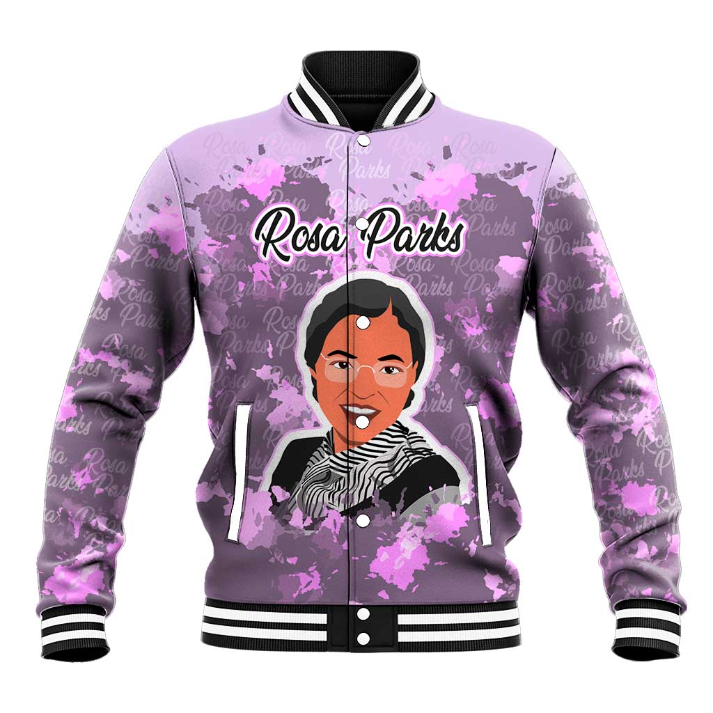 Rosa Parks Baseball Jacket Purple Floral Pattern Civil Rights Tribute Bold Name Repeated Text Design - African Pride