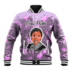 Rosa Parks Baseball Jacket Purple Floral Pattern Civil Rights Tribute Bold Name Repeated Text Design - African Pride