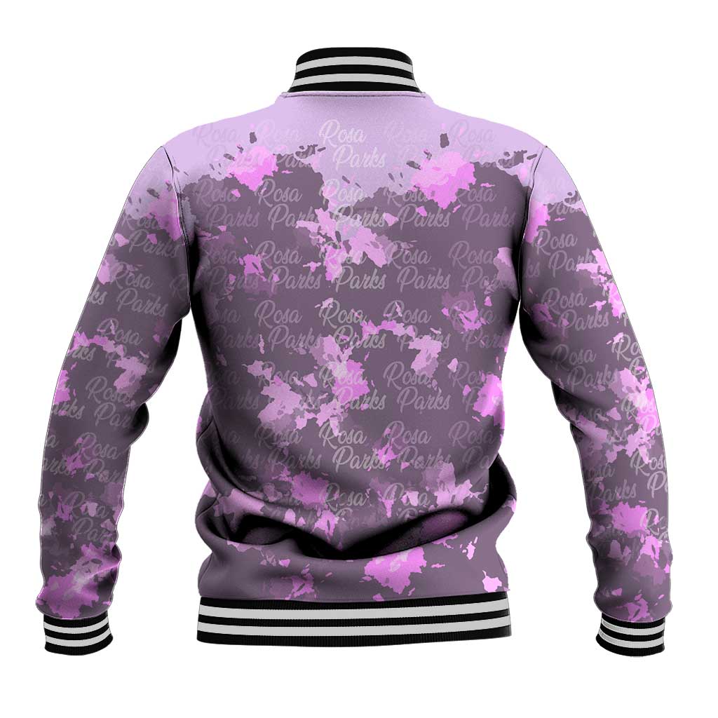 Rosa Parks Baseball Jacket Purple Floral Pattern Civil Rights Tribute Bold Name Repeated Text Design - African Pride