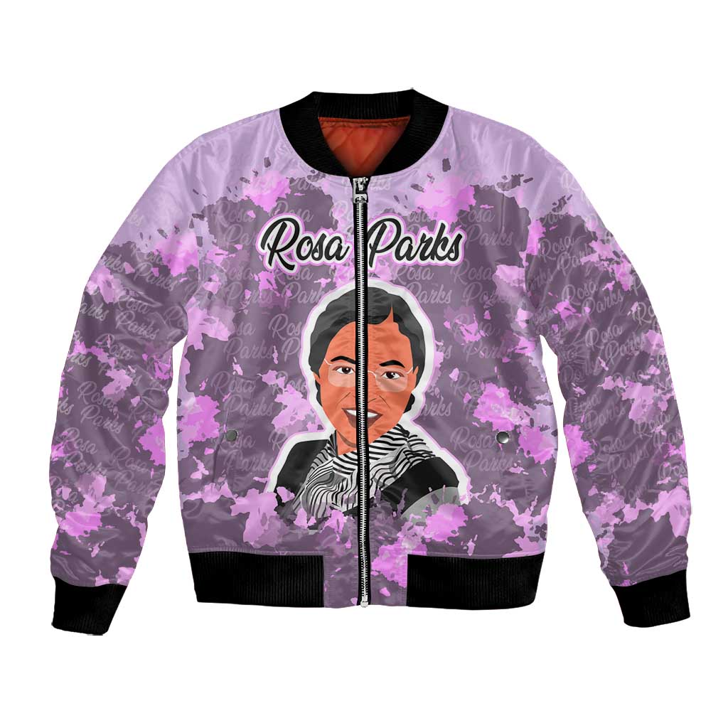 Rosa Parks Bomber Jacket Purple Floral Pattern Civil Rights Tribute Bold Name Repeated Text Design - African Pride