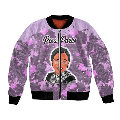 Rosa Parks Bomber Jacket Purple Floral Pattern Civil Rights Tribute Bold Name Repeated Text Design - African Pride