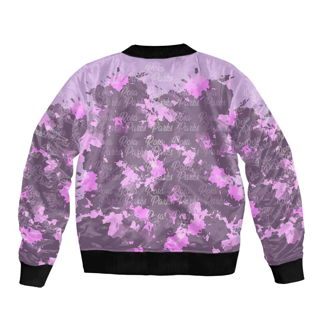 Rosa Parks Bomber Jacket Purple Floral Pattern Civil Rights Tribute Bold Name Repeated Text Design - African Pride