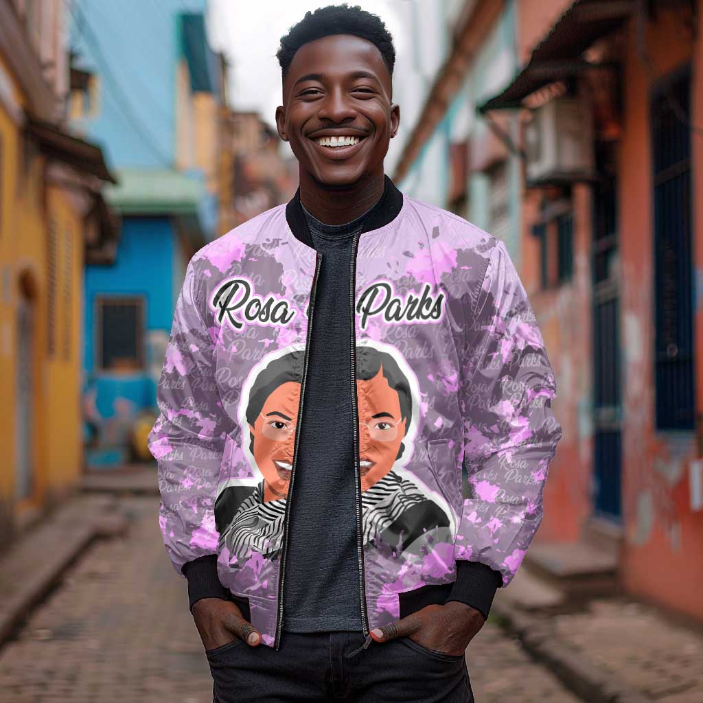 Rosa Parks Bomber Jacket Purple Floral Pattern Civil Rights Tribute Bold Name Repeated Text Design - African Pride