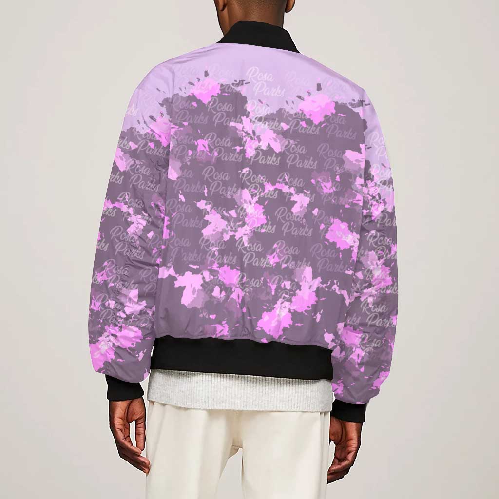 Rosa Parks Bomber Jacket Purple Floral Pattern Civil Rights Tribute Bold Name Repeated Text Design - African Pride