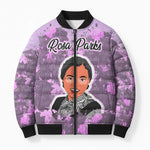 Rosa Parks Bomber Puffer Jacket Purple Floral Pattern Civil Rights Tribute Bold Name Repeated Text Design - African Pride