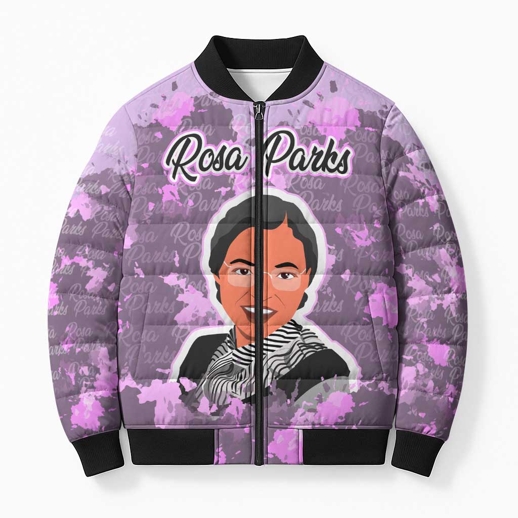 Rosa Parks Bomber Puffer Jacket Purple Floral Pattern Civil Rights Tribute Bold Name Repeated Text Design - African Pride
