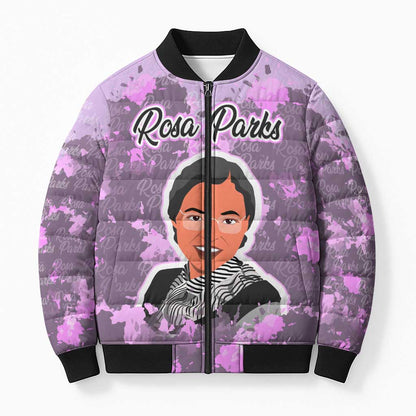 Rosa Parks Bomber Puffer Jacket Purple Floral Pattern Civil Rights Tribute Bold Name Repeated Text Design - African Pride