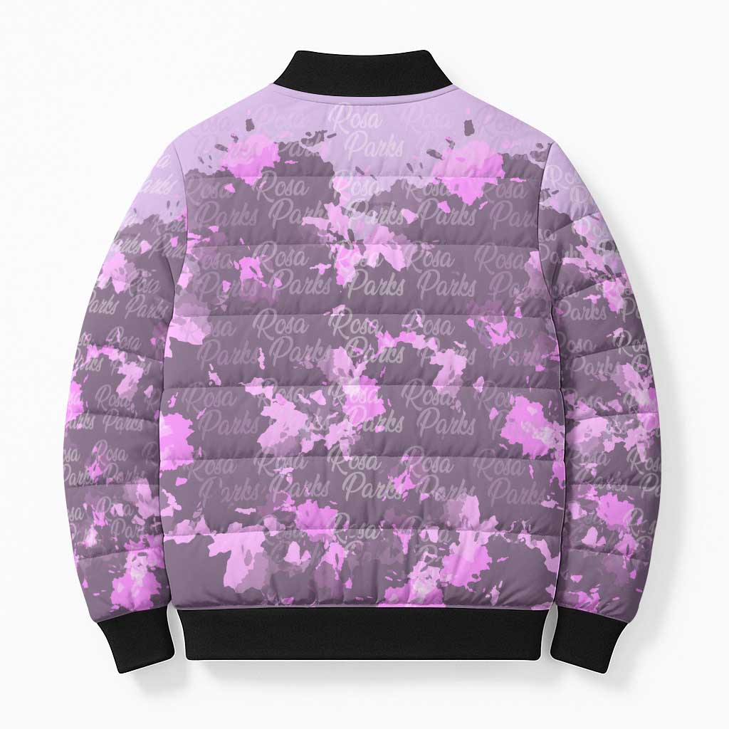 Rosa Parks Bomber Puffer Jacket Purple Floral Pattern Civil Rights Tribute Bold Name Repeated Text Design - African Pride