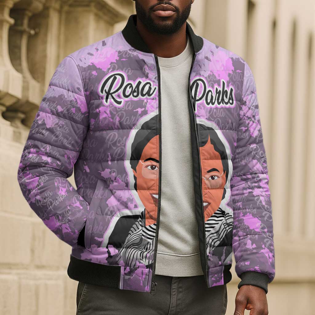 Rosa Parks Bomber Puffer Jacket Purple Floral Pattern Civil Rights Tribute Bold Name Repeated Text Design - African Pride