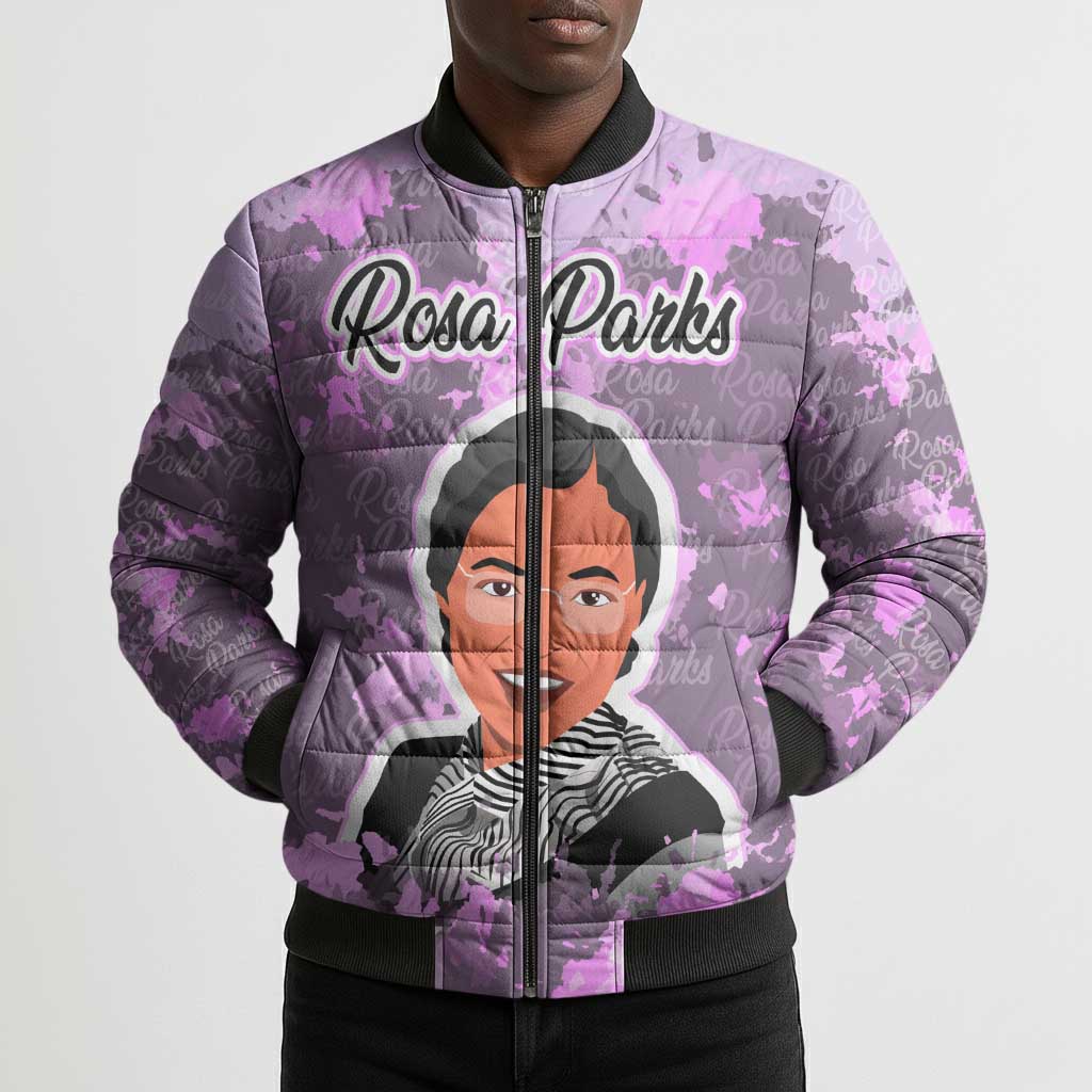 Rosa Parks Bomber Puffer Jacket Purple Floral Pattern Civil Rights Tribute Bold Name Repeated Text Design - African Pride