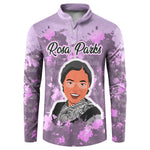 Rosa Parks Button Sweatshirt Purple Floral Pattern Civil Rights Tribute Bold Name Repeated Text Design